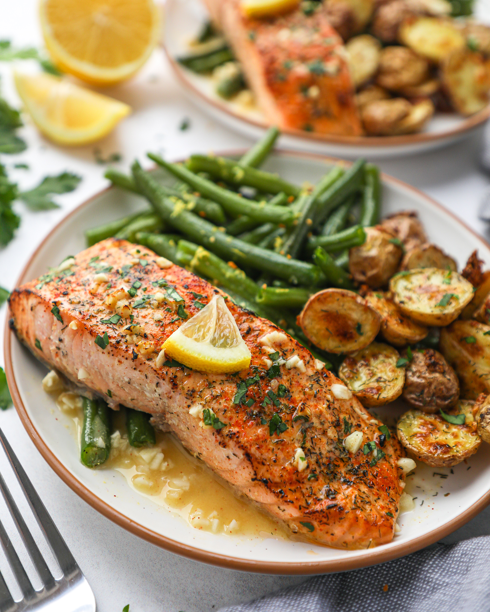 Chef prepared salmon meal with vegetables